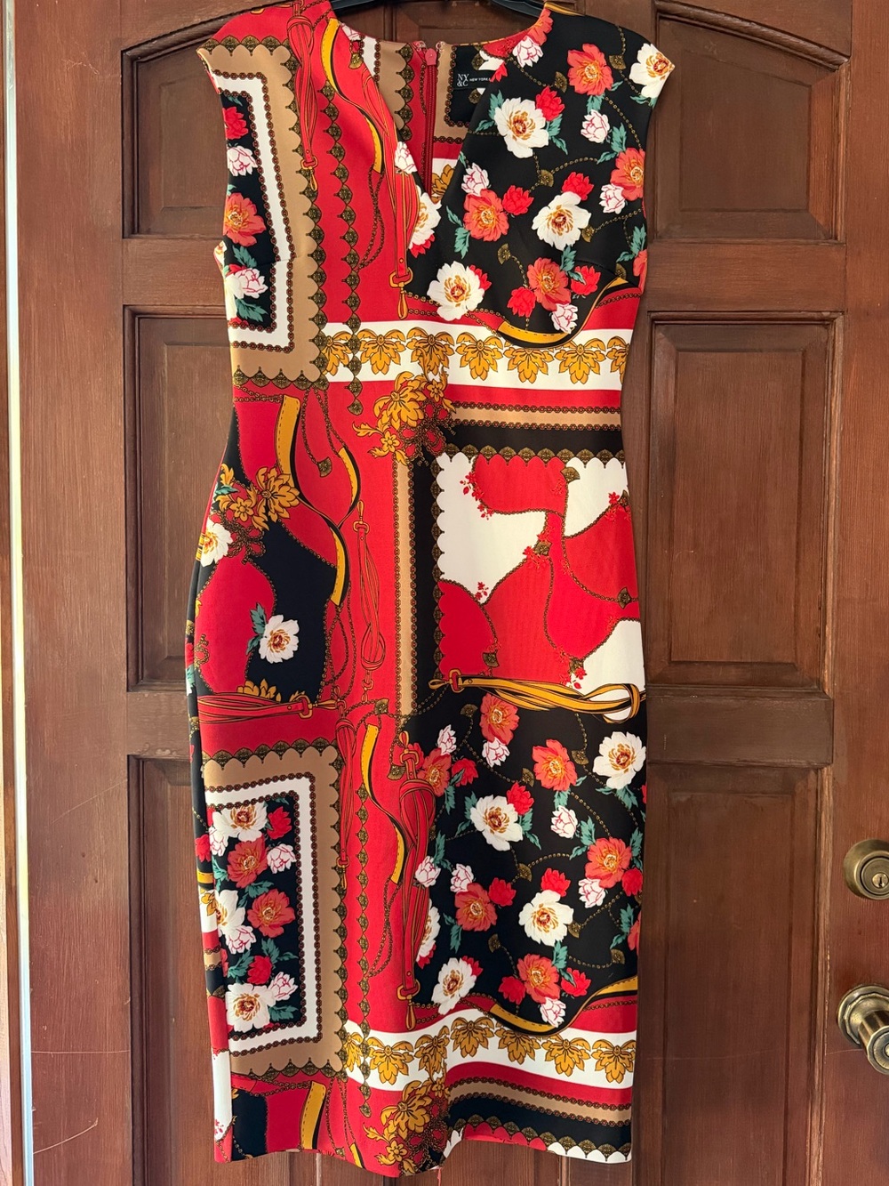 New York & Company Red and Black Floral Patchwork Midi Dress